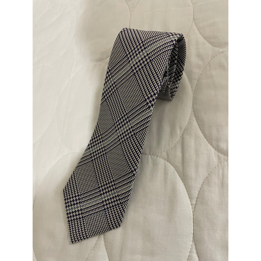 Robert Jensen Mens Silk Tie Navy Blue White Glen Plaid Hand Sewn Italy